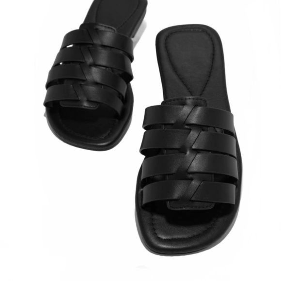 !! NEW !! Soft Vegan Leather Caged Slide Sandals in Black - Picture 2 of 8